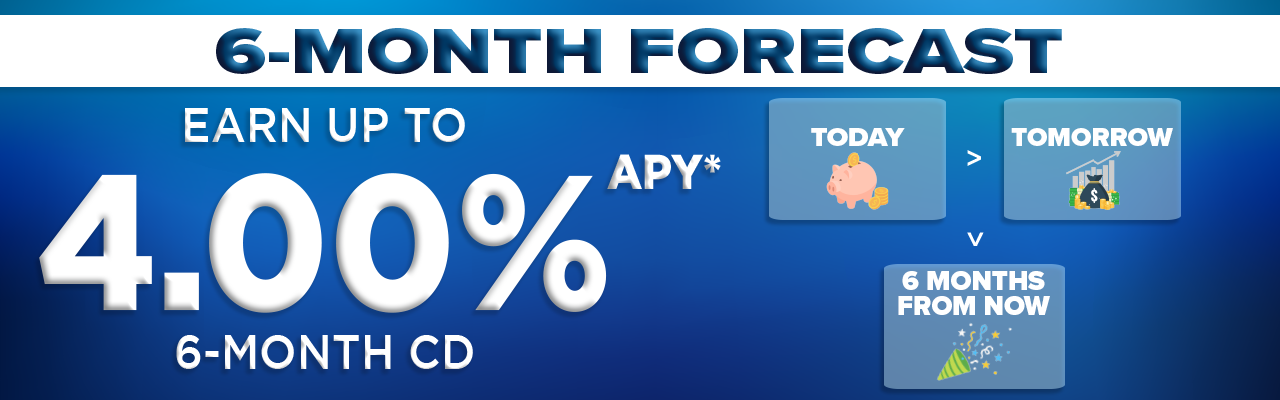 Mock up weather forecast screen. Text: "6-month forecast. Earn up to 4.00% APY* 6-month CD." Forecast shows today saving, tomorrow money growing, and 6 months from now celebrating.