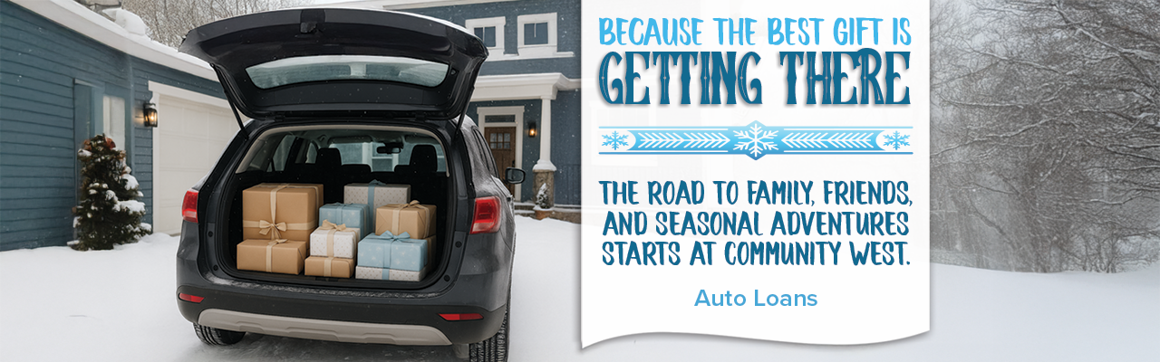 Holiday Auto - Community West Credit Union SUV with trunk full of presents in front of a house during winter