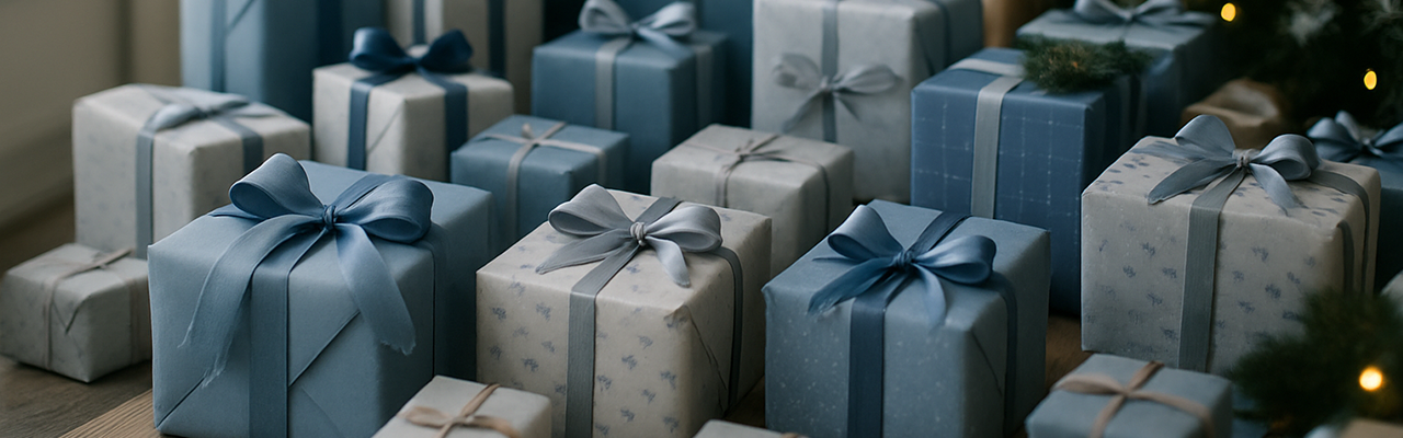 Abundance of holiday presents wrapped in various blue and white wrapping paper with bows.