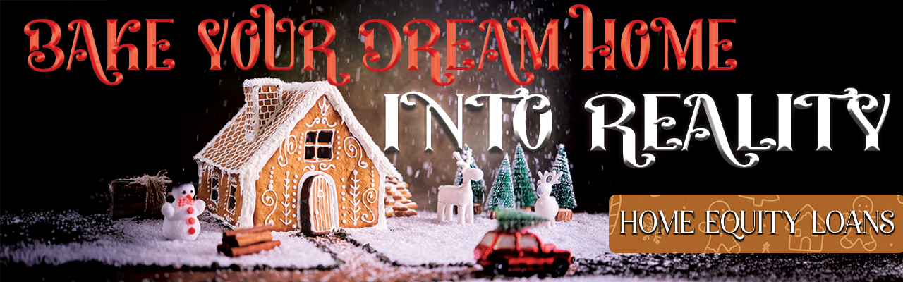 Gingerbread Home Equity - Community West Credit Union Gingerbread house scene with mini trees, a red car with a tree on top, and mini white deer with fake snow. Text: Bake your dream home into reality.