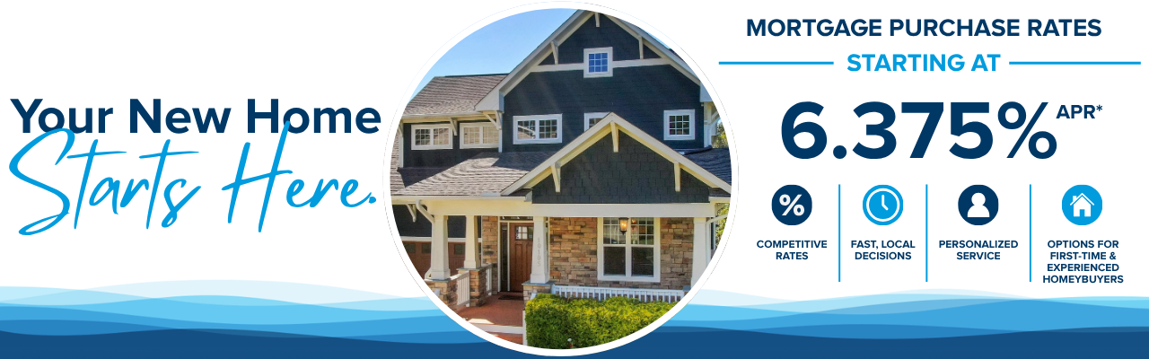 Mortgage promotion featuring a home with the message “Your New Home Starts Here” and mortgage purchase rates starting at 6.375% APR, highlighting competitive rates, fast local decisions, personalized service, and options for first-time and experienced homebuyers.