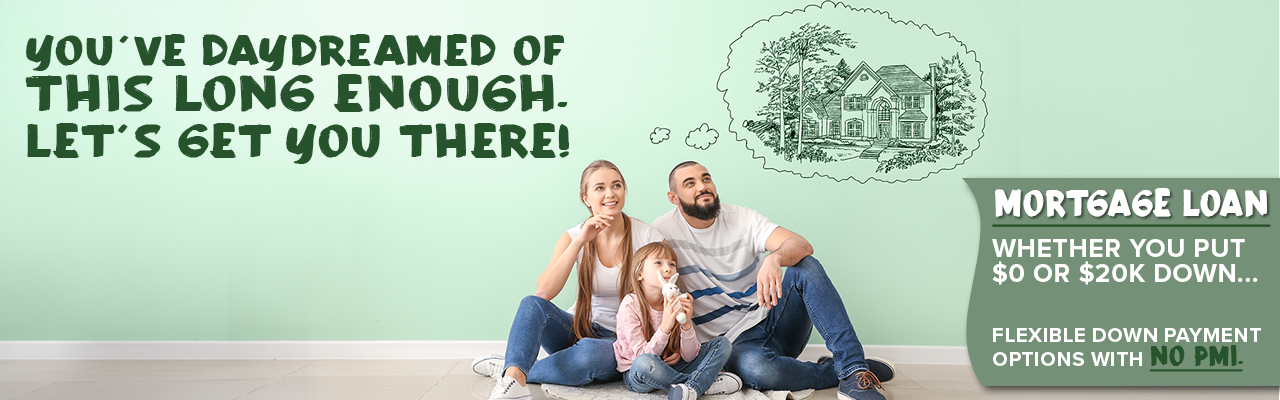 No PMI Home Loan - Community West Credit Union Family sitting on floor in empty room with a day dream of a house drawn on the wall.