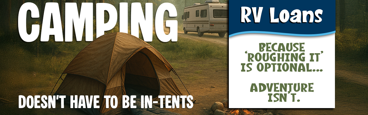 RV driving away from a tent and smoking campfire in the woods. Text: Camping doesn't have to be in-tents. RV Loans. Upgrade from tense to immense comfort."
