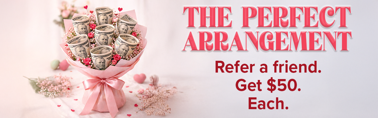 Refer a Friend - Community West Credit Union bouquet or dollar bill roses with a light pink wrap. Text "The Perfect Arrangement. Refer a Friend. Get . Each."
