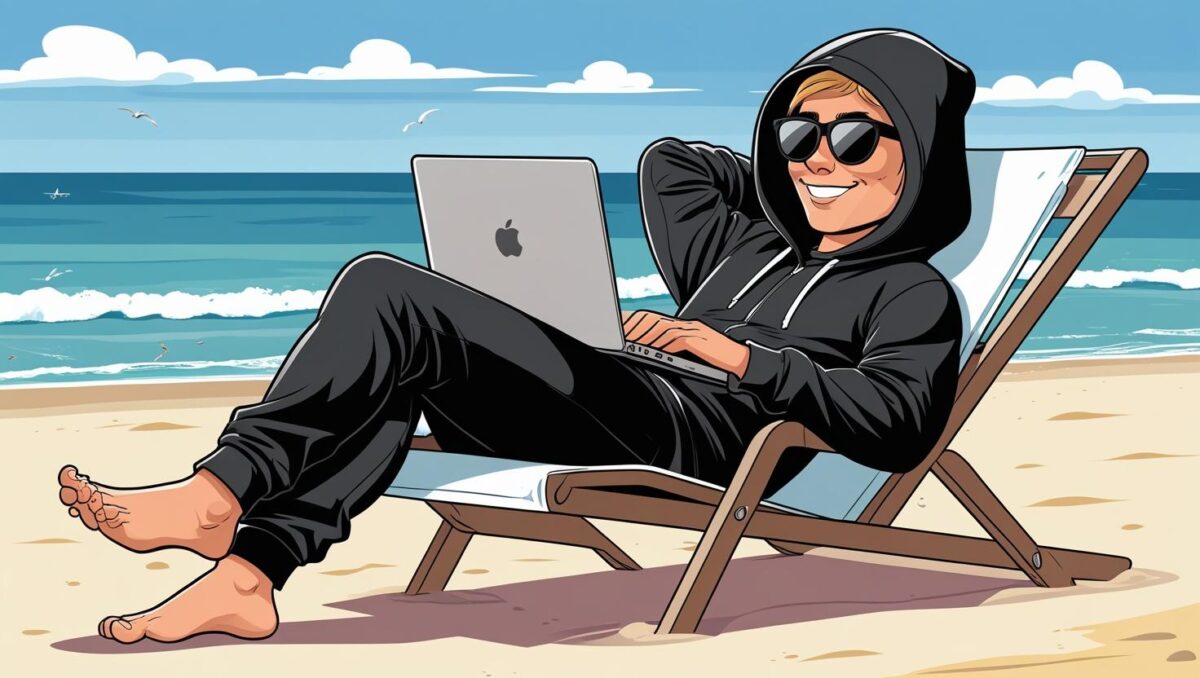 Cartoon image of a hacker sitting on a beach with a laptop dressed in all black.