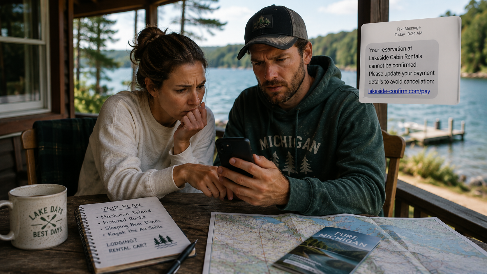 Couple looking concerned at a phone with a text about their reservation not being confirmed and to update payment information. This is depicting a scam.